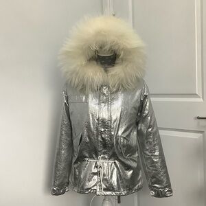 Silver Faux Fur Hooded Jacket, Size M